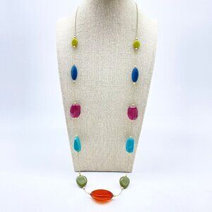 Beaded Station Necklace Gold Tone Multicolor Teal Navy Olive Magenta Classic